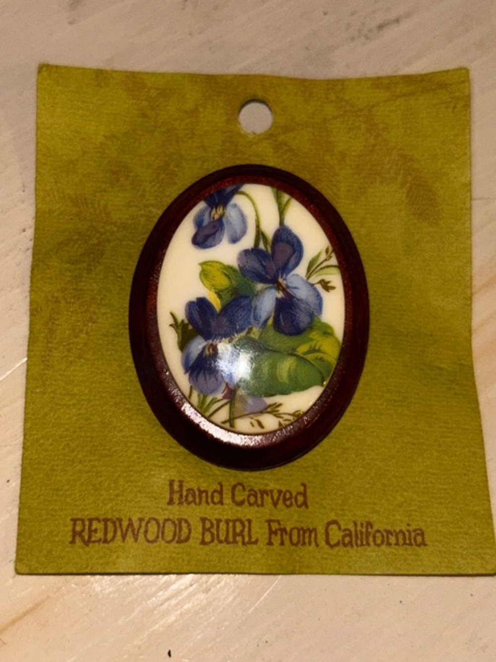Hand Carved Redwood Burl Brooch with Blue Floral Inlay
